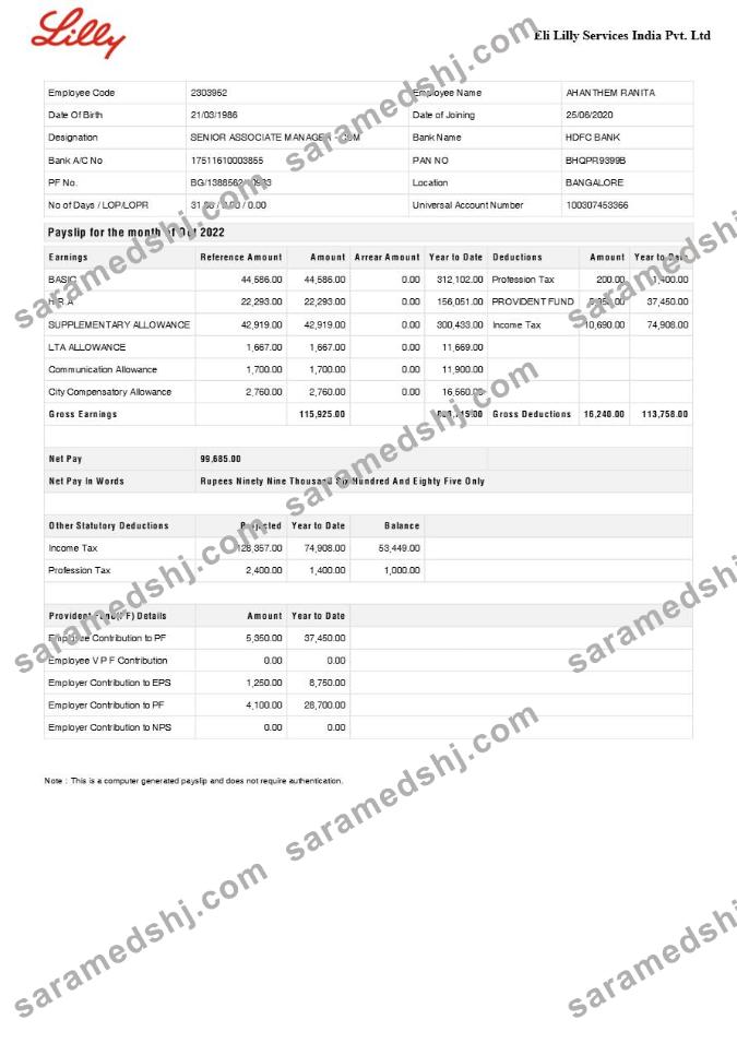 Eli Lilly Services India pharmaceutical company payslip template in Word and PDF formats.pdf, 1